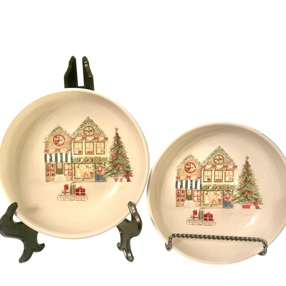 Pier 1  Xmas Village Scenes 8” Bowls Toy Store Christmas Ironstone Set of 2 - Picture 2 of 9